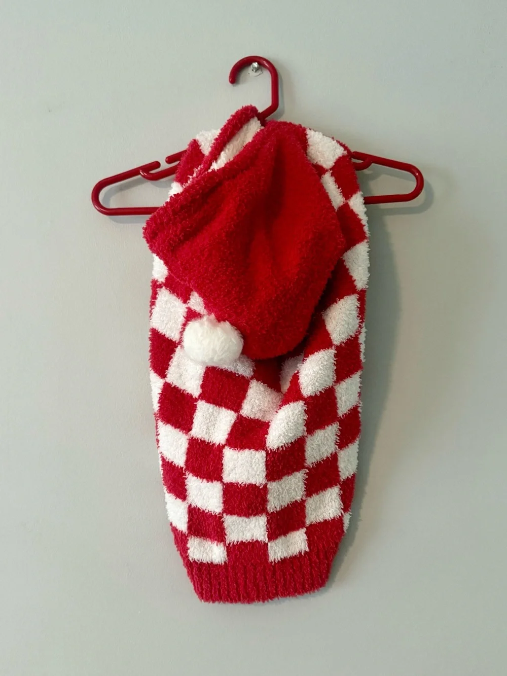Red & White Checkered Pom-Pom Dog Hoodie